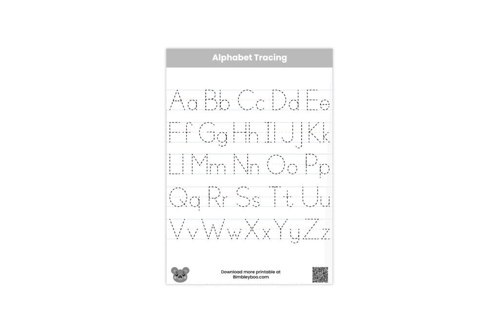 Free alphabet tracing worksheet for kids by Bimbleyboo - uppercase and lowercase letters A to Z on one page