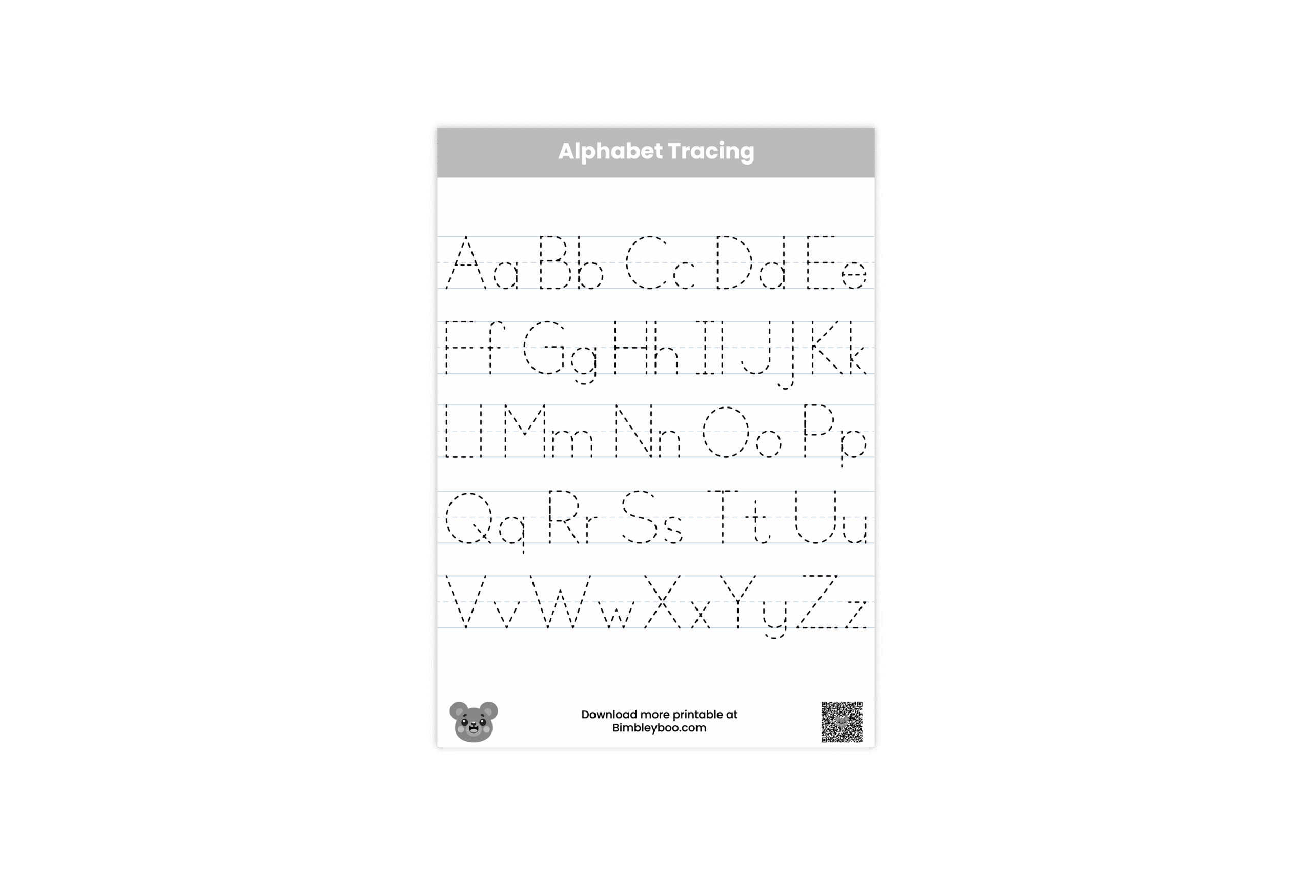 Free alphabet tracing worksheet for kids by Bimbleyboo - uppercase and lowercase letters A to Z on one page