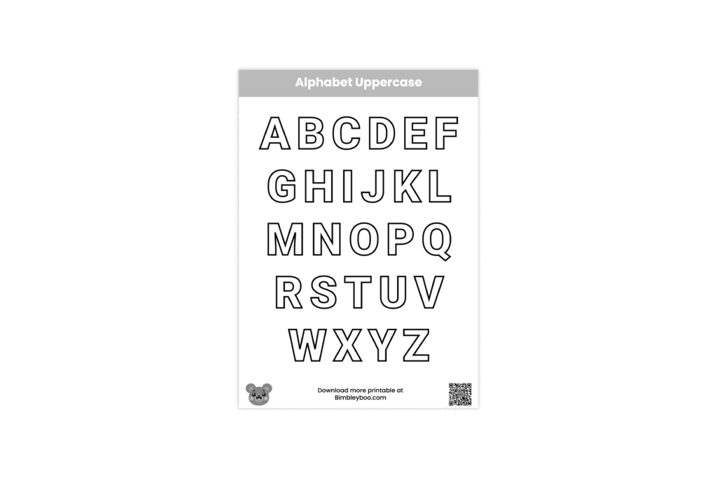 Free Alphabet Uppercase Coloring Page for Kids by Bimbleyboo - Fun Educational Printable A to Z