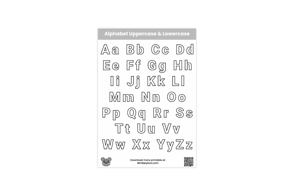 Free uppercase and lowercase alphabet coloring page for kids by Bimbleyboo - A to Z letter pairs for matching and coloring