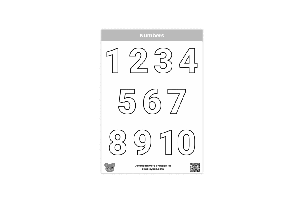 Printable Numbers 1-10 coloring page for kids by Bimbleyboo - learn counting and number recognition