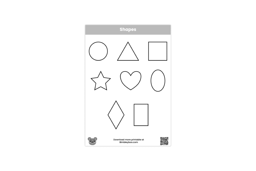 Printable shapes coloring page for kids - circle, square, triangle, rectangle, star, heart, ellipse and rhombus