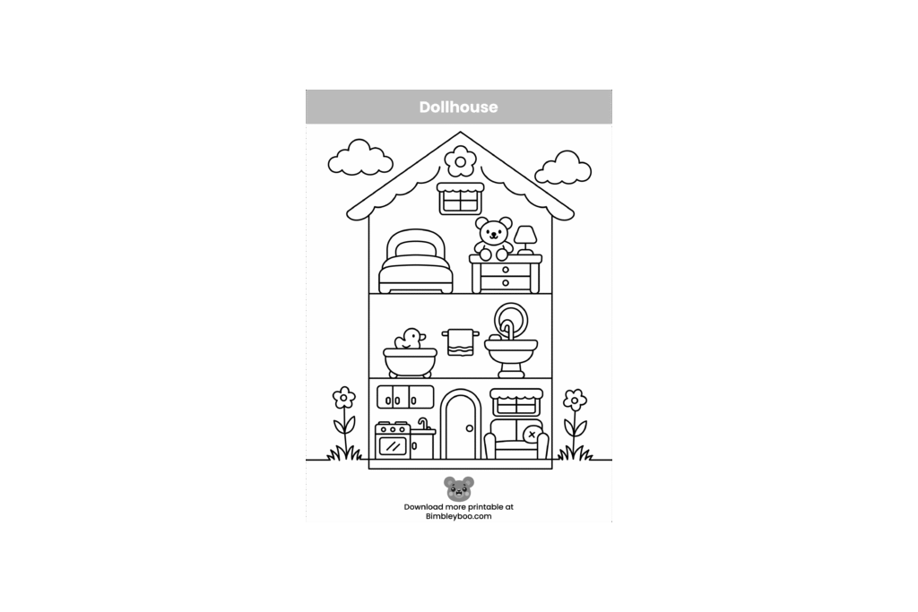 Dollhouse Coloring Page for Kids - Free Printable Pretend-Play Coloring Sheet