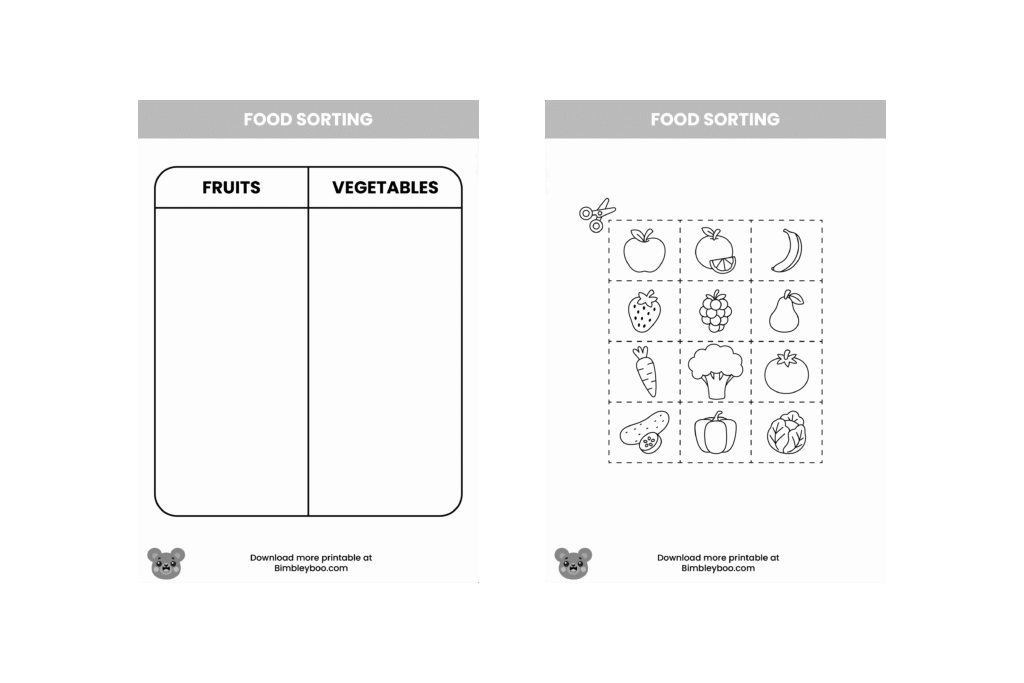 Food sorting activity worksheet for kids with fruits and vegetables categories