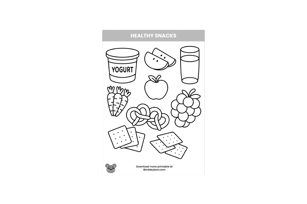 Healthy snacks coloring page for kids with simple snack illustrations