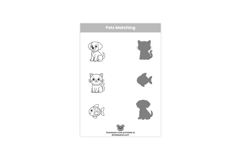 Pets Matching and Coloring Worksheet for Kids - Free Printable Shadow Match Activity