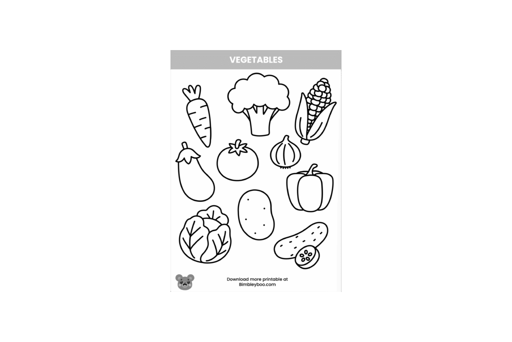 Vegetables coloring page for kids featuring carrot, broccoli, tomato, cucumber, and more