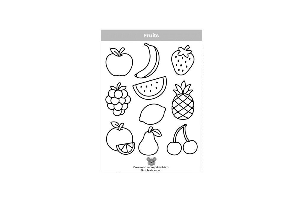 Fruits coloring page for kids featuring apple, banana, strawberry, grapes, orange, and more