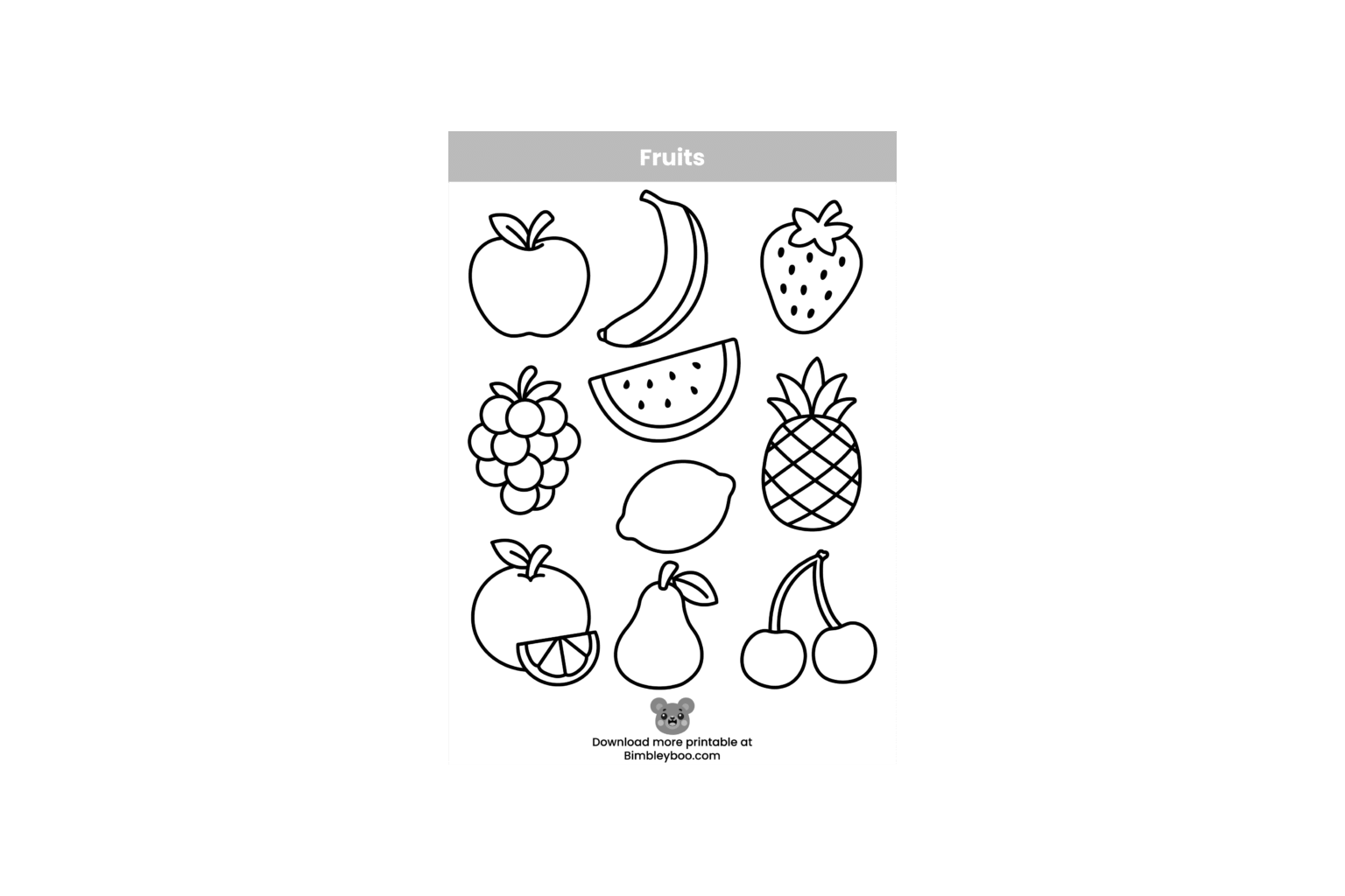 Bimbleyboo - Fruits Coloring Page for Kids - Free Printable Activity