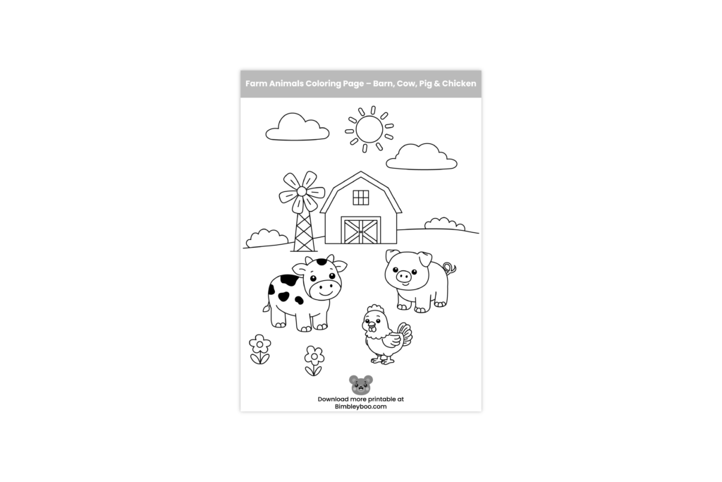Farm scene coloring page for kids - barn and farm animals printable