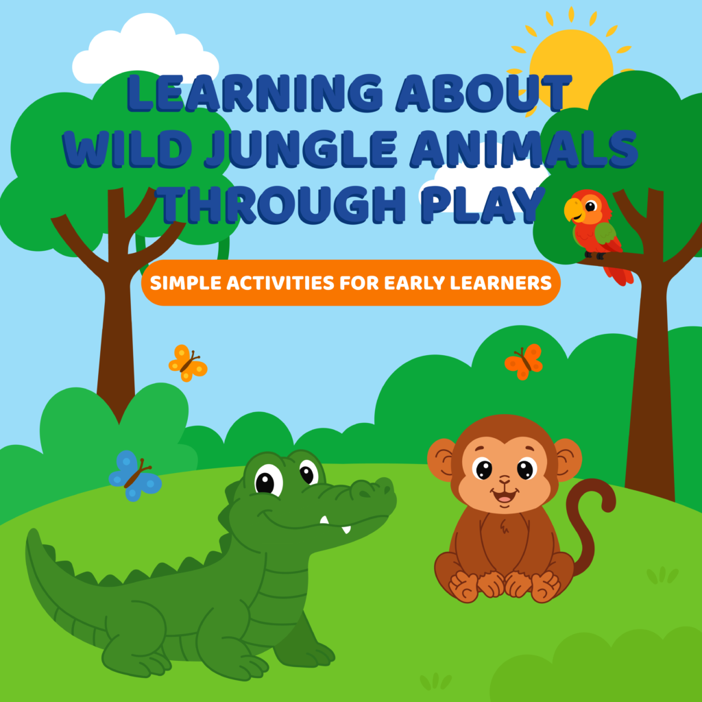 Cute wild jungle animals illustration for kids showing monkey, crocodile, and parrot learning through play