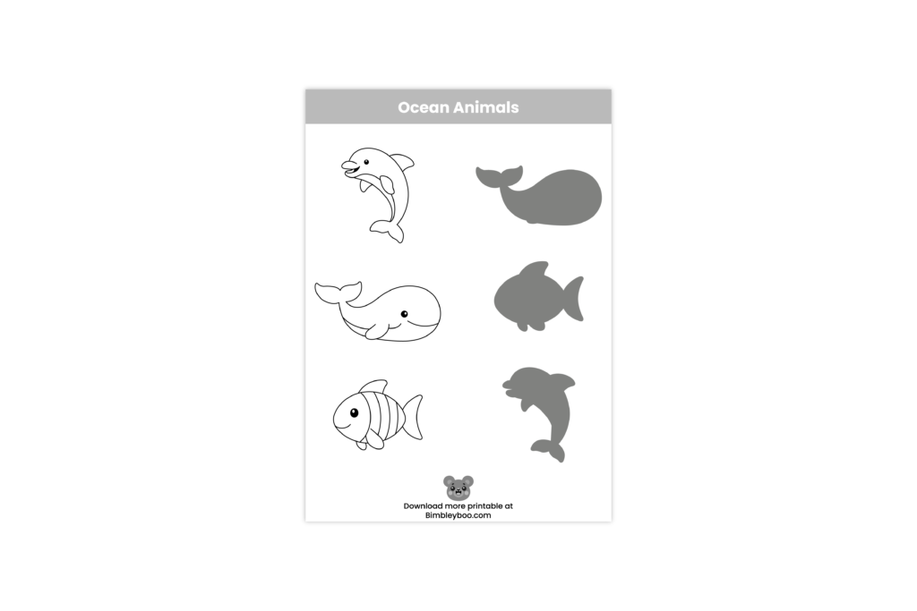 Ocean animals matching worksheet for kids - match sea animals to their shadows