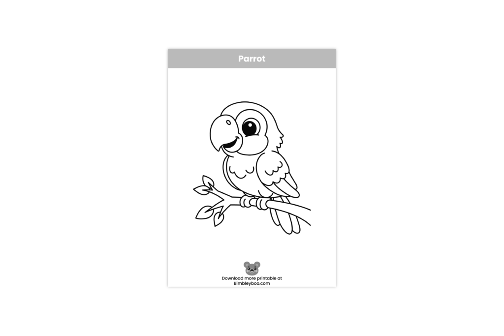 Parrot coloring page for kids featuring a cute cartoon wild bird.