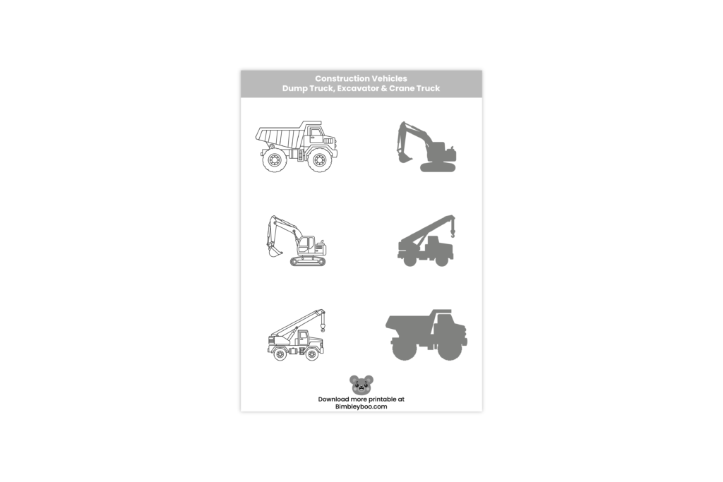Construction vehicles shadow matching worksheet featuring a dump truck, excavator, and crane truck