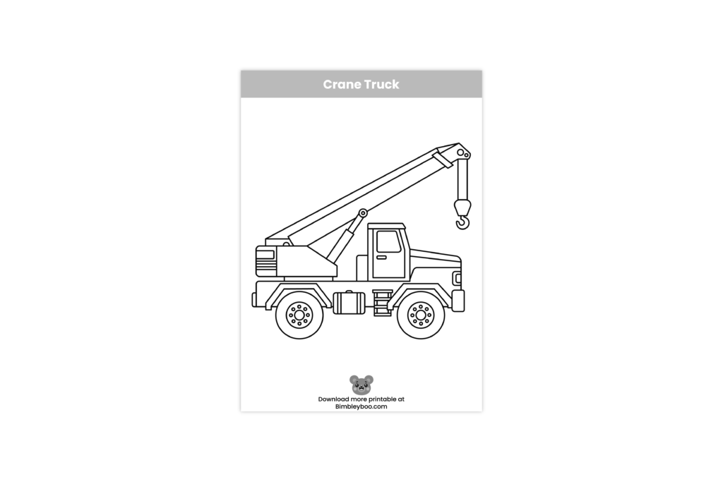 Printable crane truck coloring page for toddlers and preschoolers learning about construction vehicles