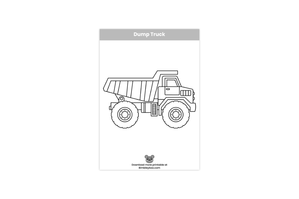 Printable dump truck coloring page for toddlers and preschoolers to learn about construction vehicles