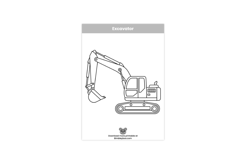 Printable excavator coloring page for toddlers and preschoolers learning about construction vehicles