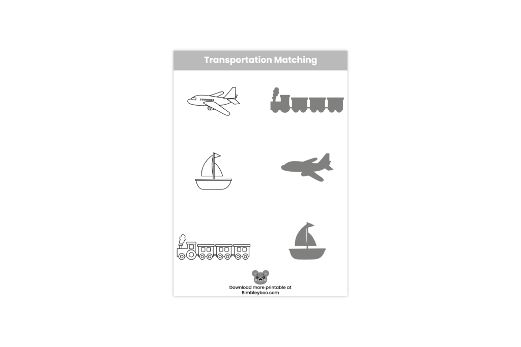 Transportation matching worksheet for kids - airplane, boat, and train shadow match activity