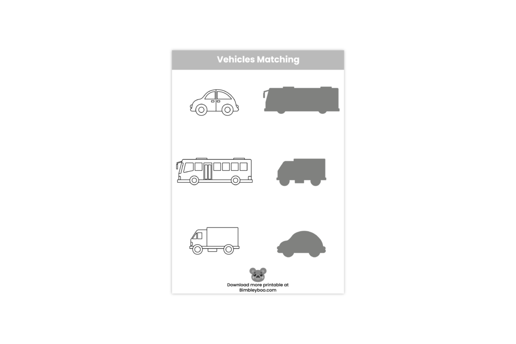 Vehicles matching worksheet for kids with car, bus, and truck shadow match