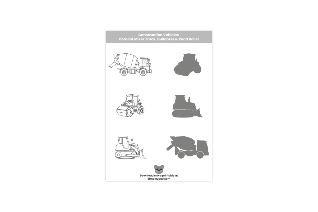 Printable construction vehicles shadow matching worksheet featuring cement mixer truck, bulldozer, and road roller for kids learning activity.