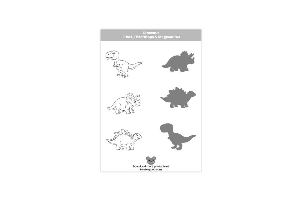 Dinosaur shadow matching worksheet with T-Rex, Triceratops and Stegosaurus