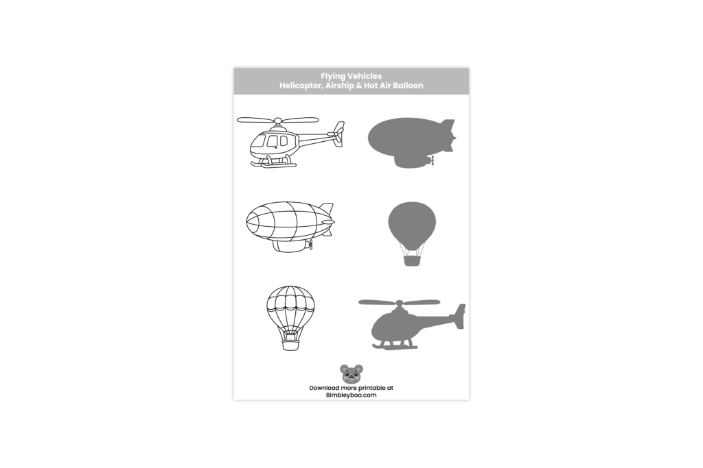 flying vehicles shadow matching worksheet for kids helicopter airship hot air balloon