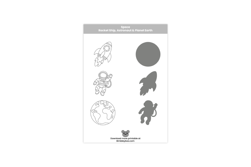 space shadow matching worksheet for kids rocket astronaut earth printable